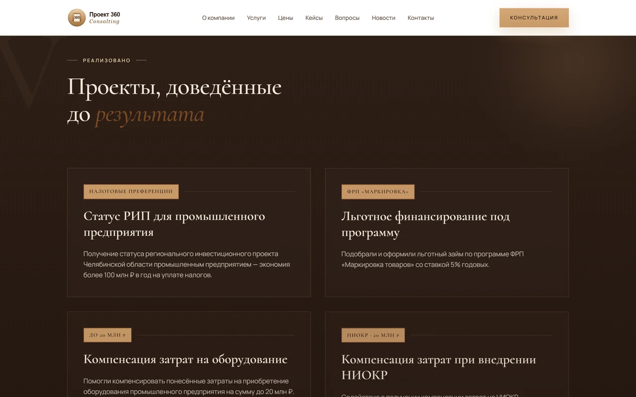 Реализованные проекты: статус РИП (100 млн ₽/год), 141-ППРФ (200 млн ₽), лизинг 8% и др.